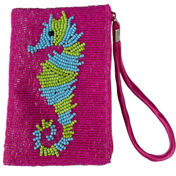 Hand-Beaded Tropical Seahorse Clutch Coin Purse Wallet Pink Island Vibes Sealife - Picture 1 of 14